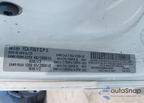 2021 Ram Promaster City Tradesman z USA, uszkodzony, nr VIN ZFBHRFAB0M6U49938